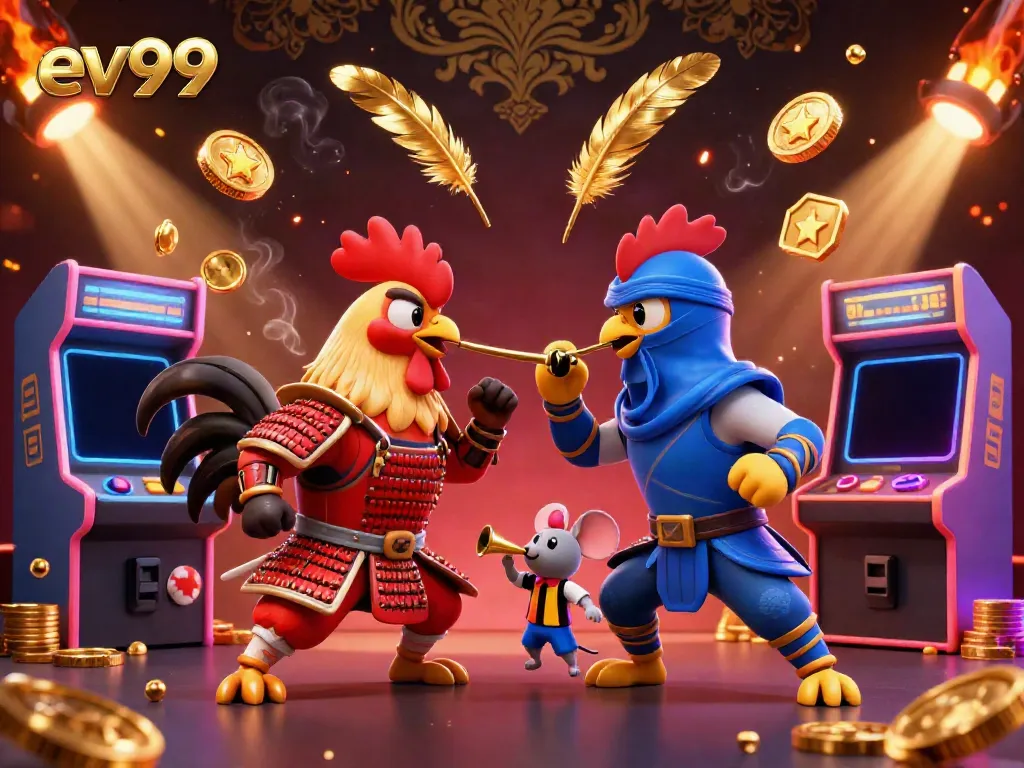 Fighting roosters representing ev99 clash in a vibrant arcade-spanning gaming scene.