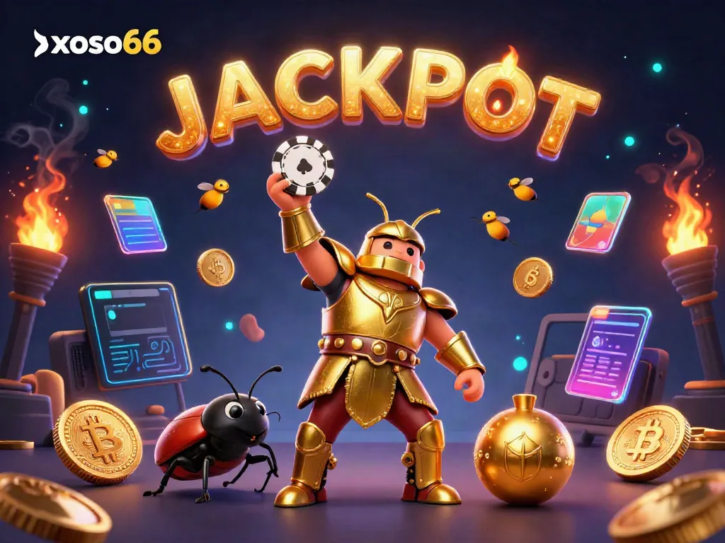 Experience the exciting xoso66 casino world with a heroic beetle and vibrant jackpot visuals.