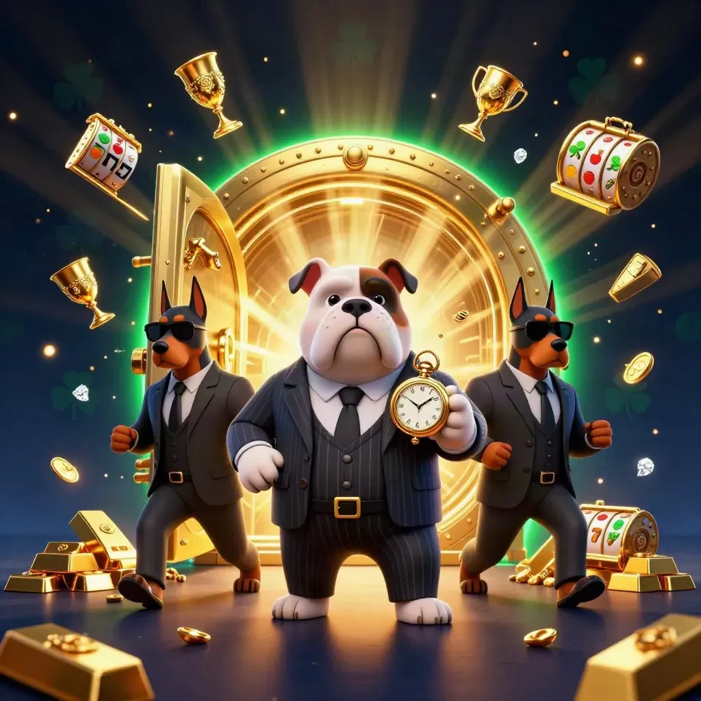 Bulldog mob boss and Doberman guards burst from a glowing gold vault with treasure