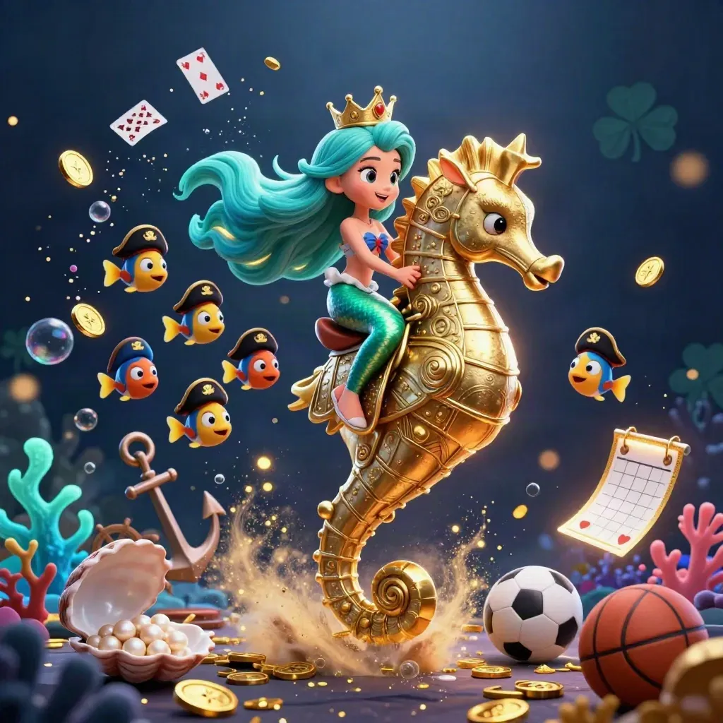 Mermaid princess on a gold seahorse amid treasure, fish, cards, balls, and casino glow.