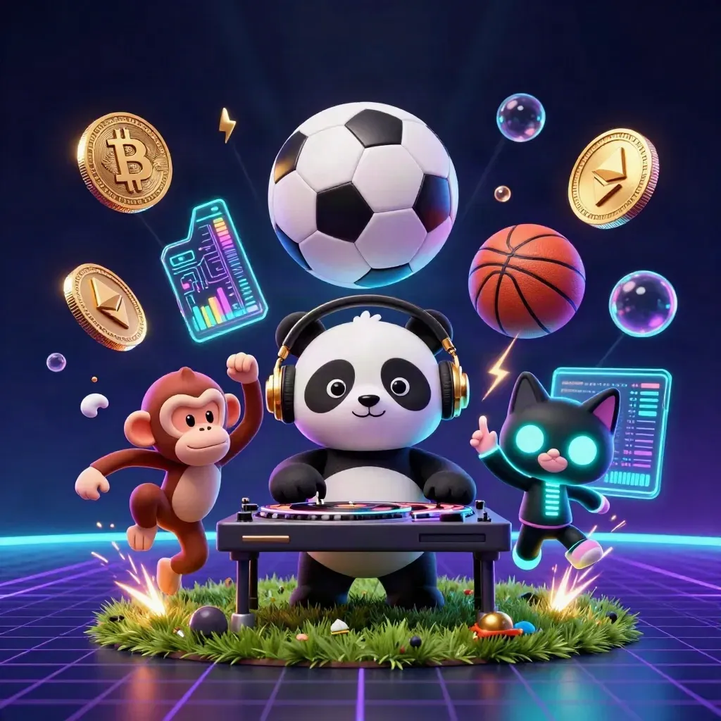 Neon casino splash with panda DJ, monkey, kitten, flying balls, coins, and electric glow.