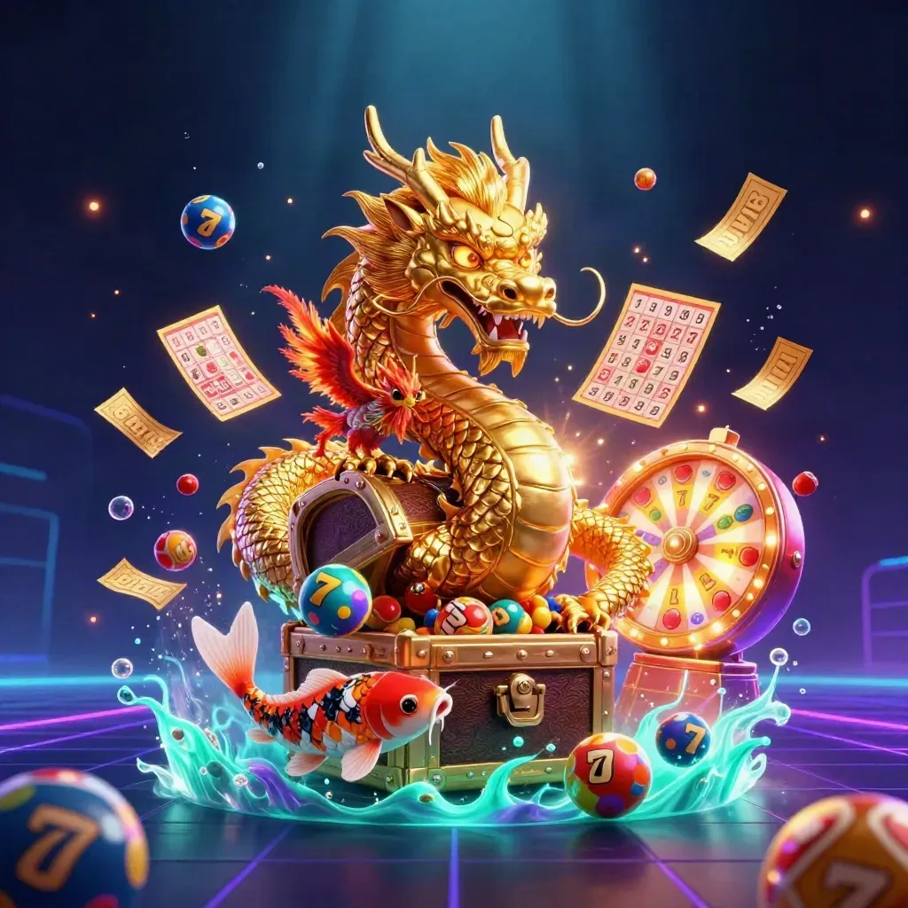 Golden dragon, phoenix and koi in neon casino light with floating slot symbols and treasure.