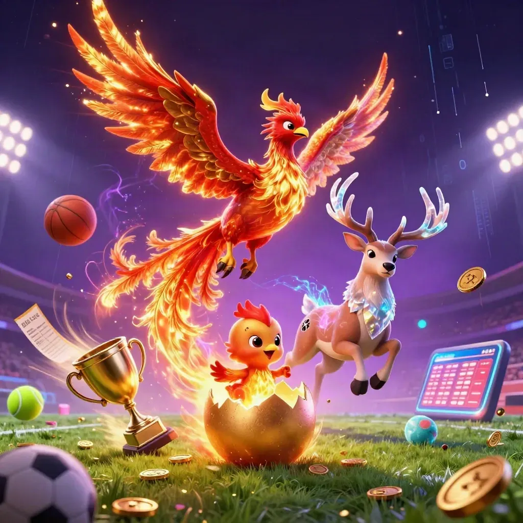 Phoenix, stag, and hatchling amid flying sports balls, coins, and neon casino lights