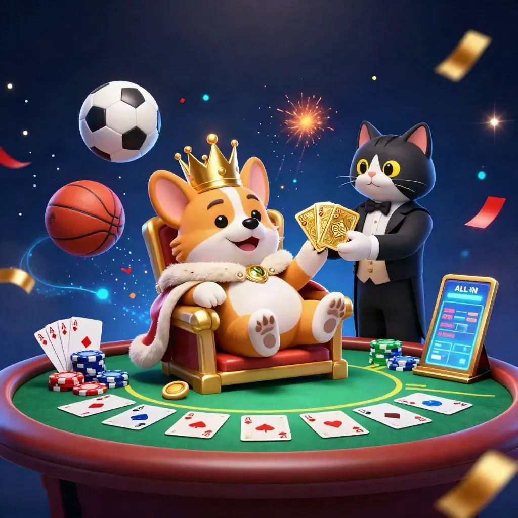 Royal corgi and cat butler amid chips, balls, sparks, and casino flair.