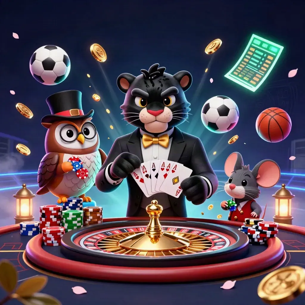 Panther, owl, and mouse amid casino chips, cards, balls, and gold light on a neon dark grid.