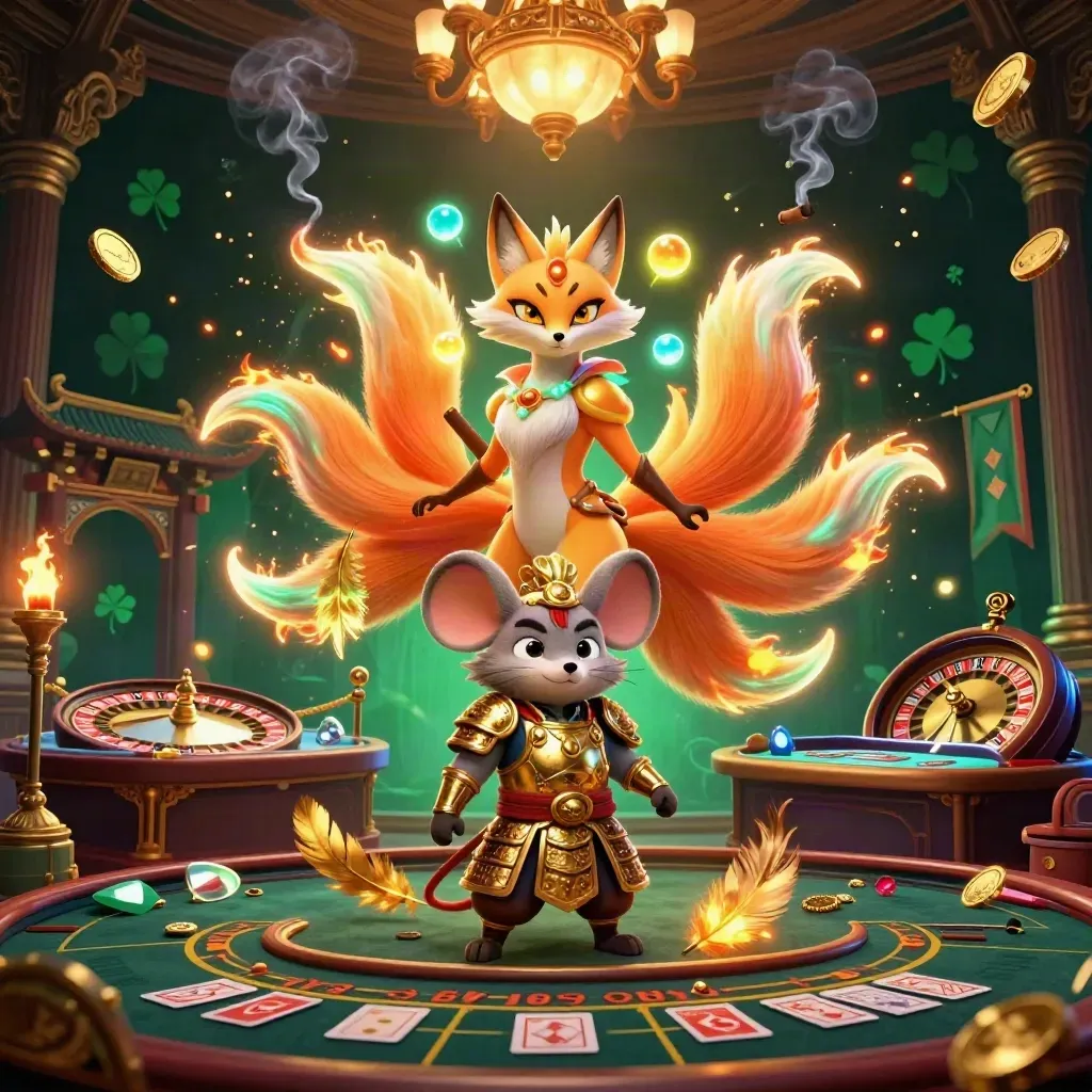 Fox spirit and samurai mouse in a luxe casino scene with glowing gold, green, and brass accents.