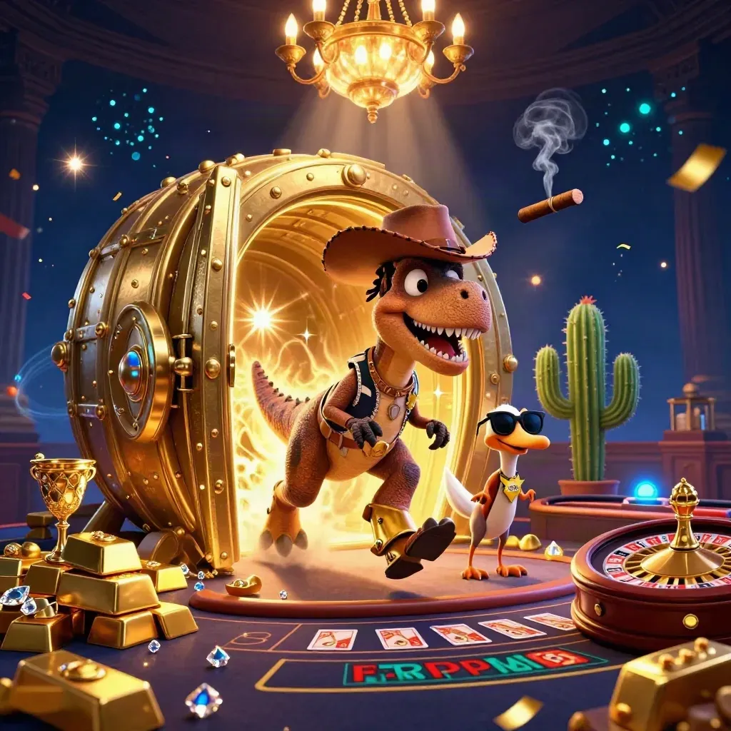 Cowboy T-rex trio bursts from a vault amid neon casino gold and jewel sparks.