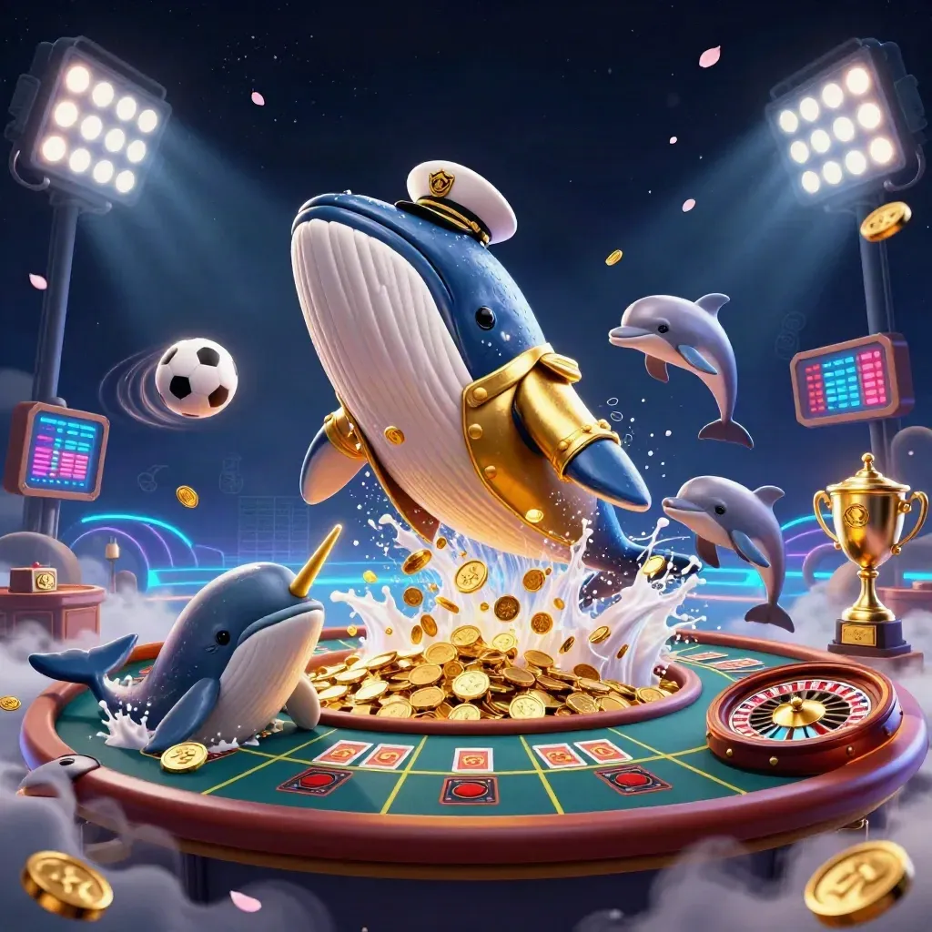 Neon casino fantasy with whale captain, narwhal, dolphins, coins, lights, and gold glow.