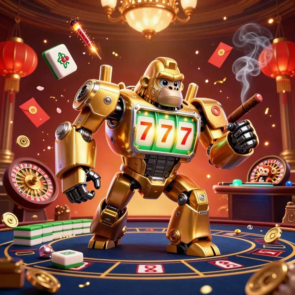 Golden gorilla mech and tiny monkey pilot amid casino and lucky Asian game effects.
