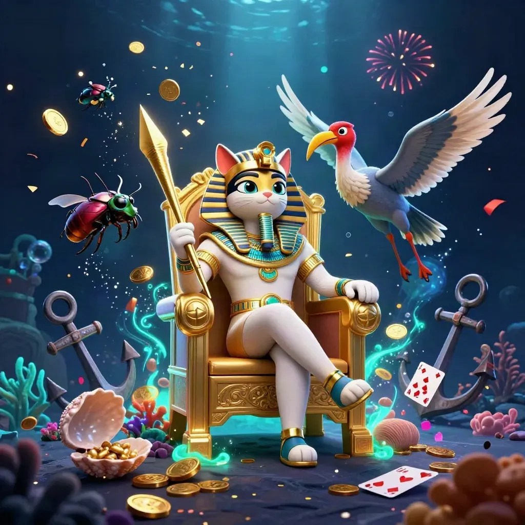 Pharaoh cat, ibis scribe, and gem-winged scarabs in a glowing treasure cove