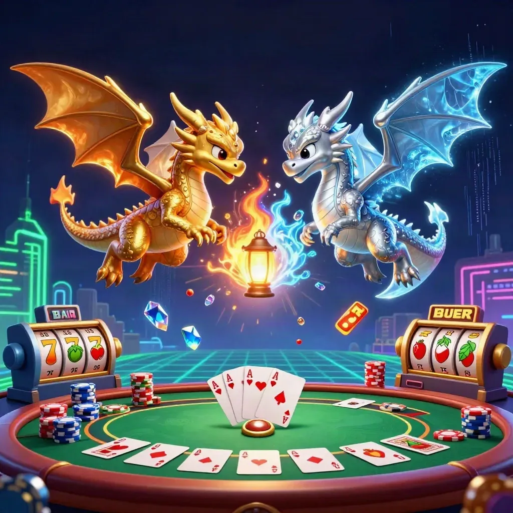 Gold and silver dragons spiral in neon casino chaos with chips, cards, reels, and electric green glow.