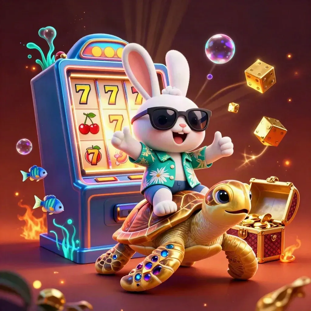 Lucky rabbit rides a golden sea turtle as casino treasures burst in neon glow.