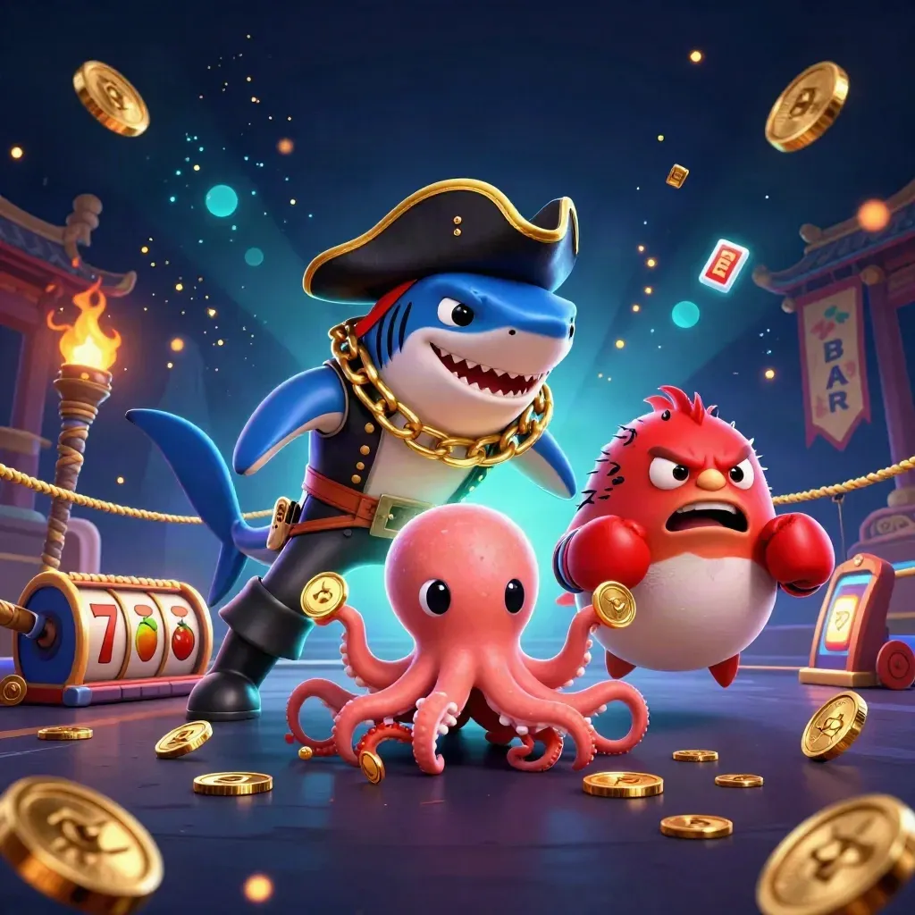 Pirate shark, boxing pufferfish, and juggling octopus amid gold coins and neon casino glow.