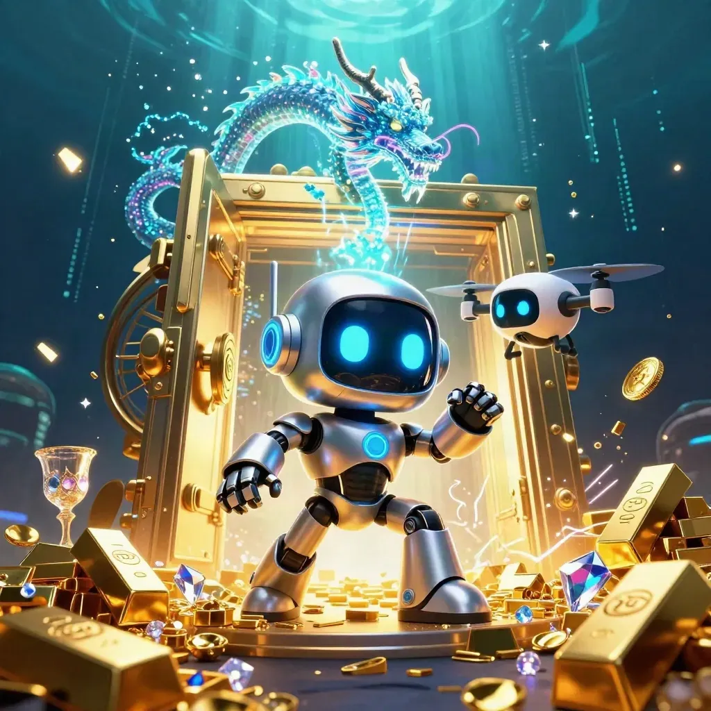 Robot, holographic dragon, and coin drone burst from a glowing treasure vault underwater.