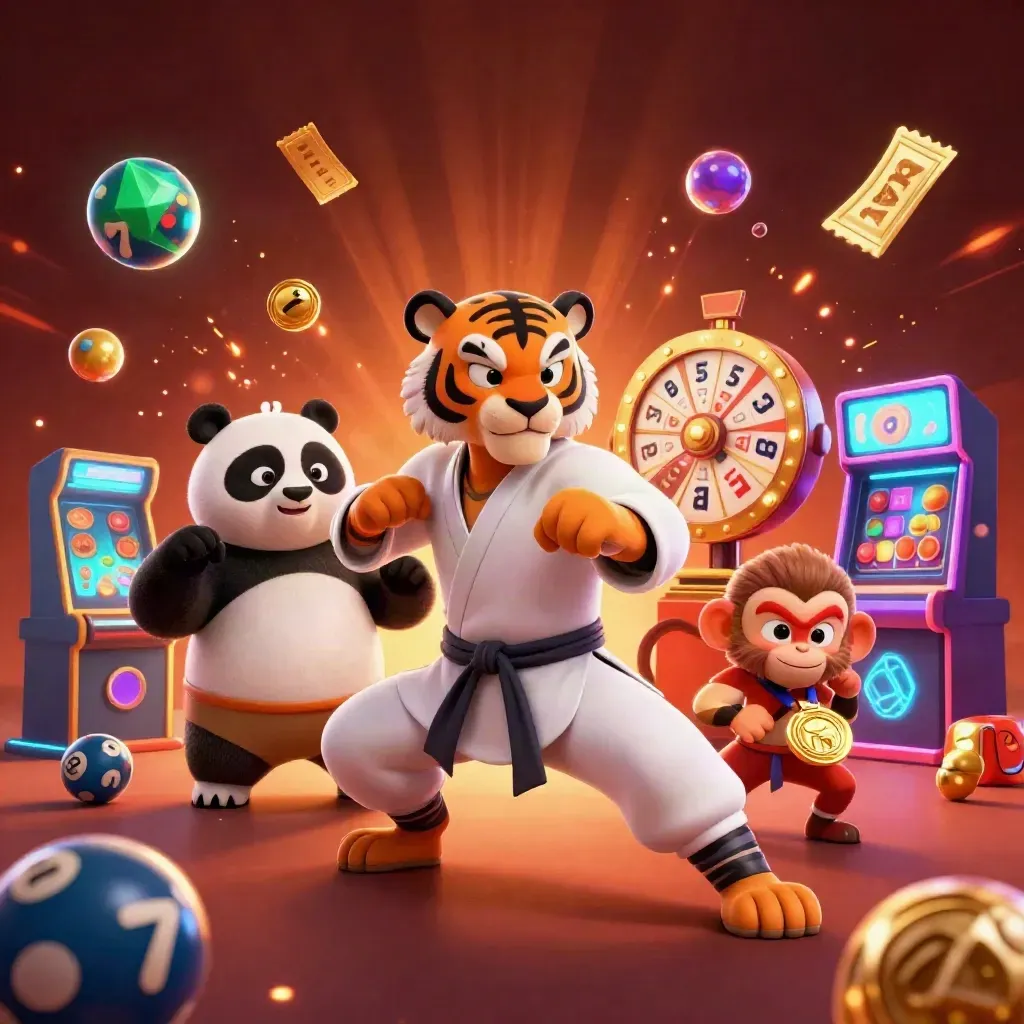 Tiger, panda, and monkey heroes burst amid casino prizes and neon glow.