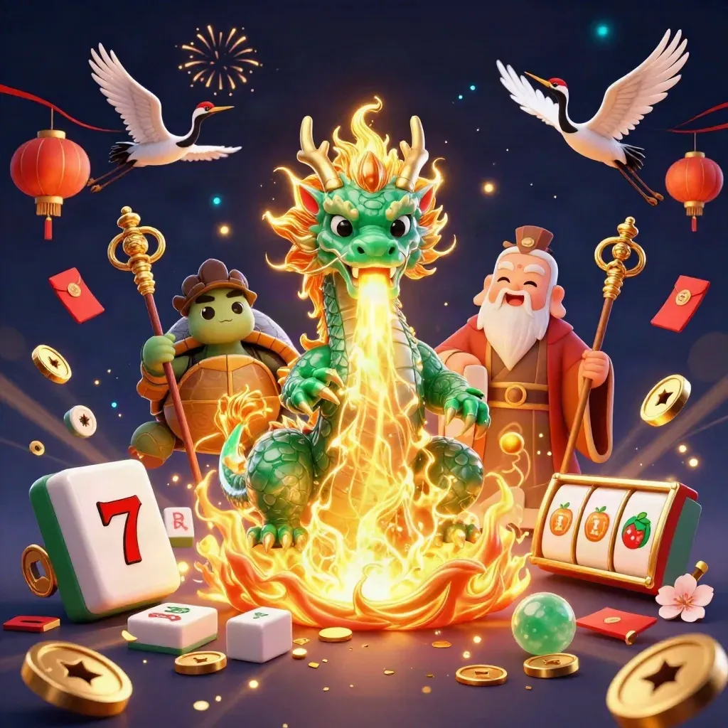 Emerald dragon, sage turtle and ribboned cranes amid gold coins, lanterns, fireworks and slot reels.