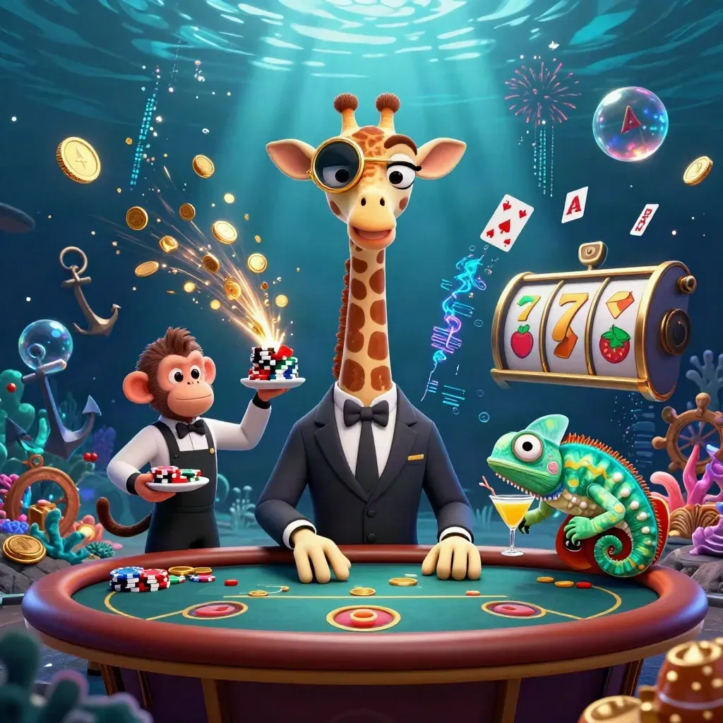 Giraffe, monkey, and chameleon in a luxe underwater casino burst with gold coins and neon effects.