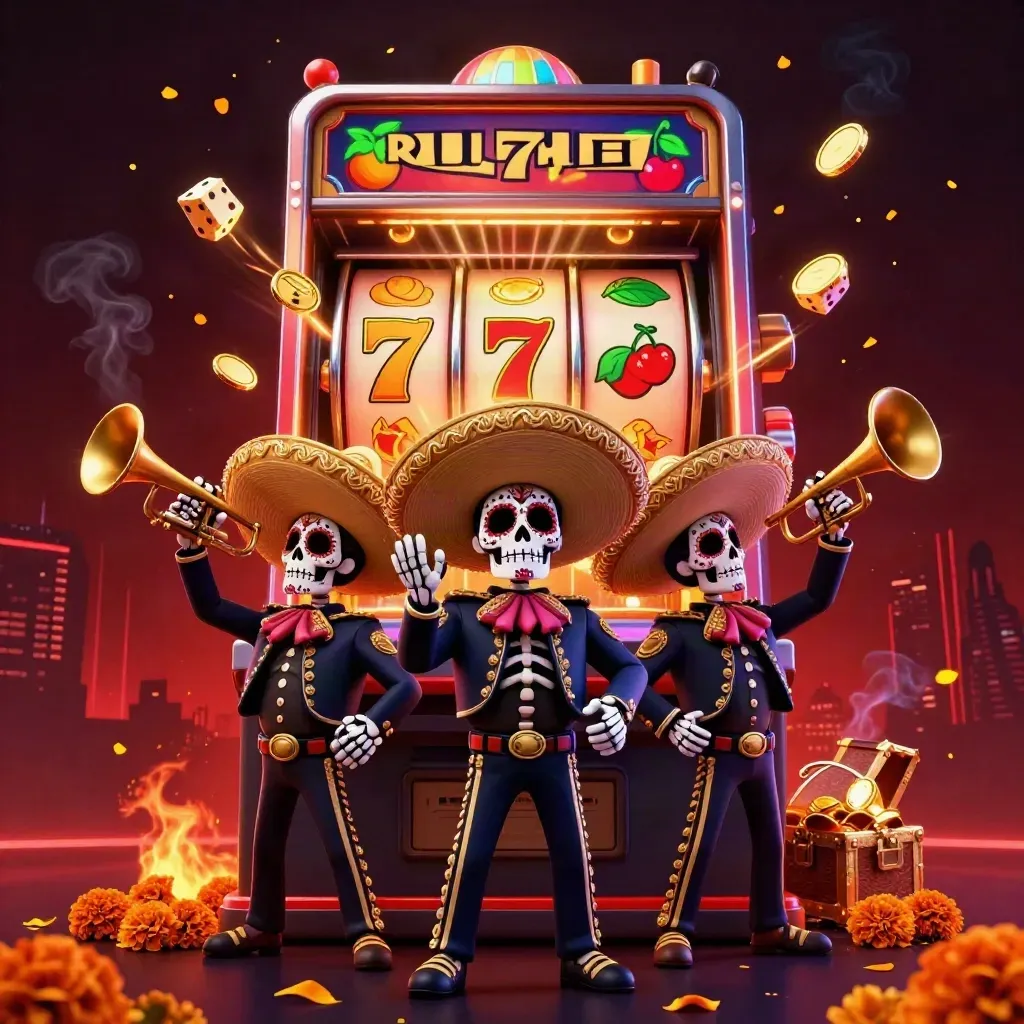 Day-of-the-Dead mariachi skeletons amid exploding slot wins, gold coins, and neon casino glow.