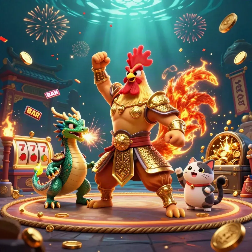 Rooster warrior, dragon hatchling and fortune-cat amid coins, fireworks and neon casino magic.