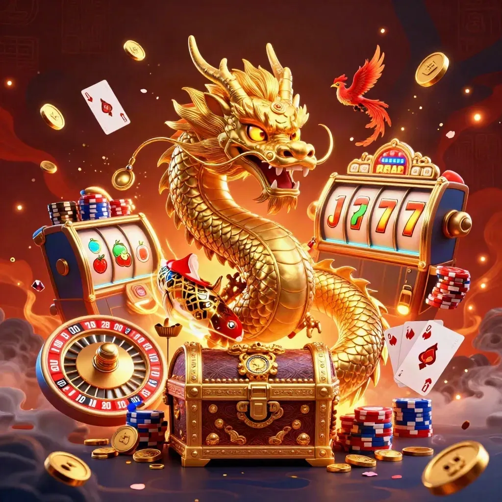 Golden dragon with phoenix, koi, coins, roulette wheel, chips, and glowing casino magic on a dark red backdrop