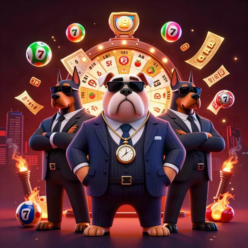 Mafia bulldog and two Dobermans amid glowing slot symbols, tickets, and jackpot effects.