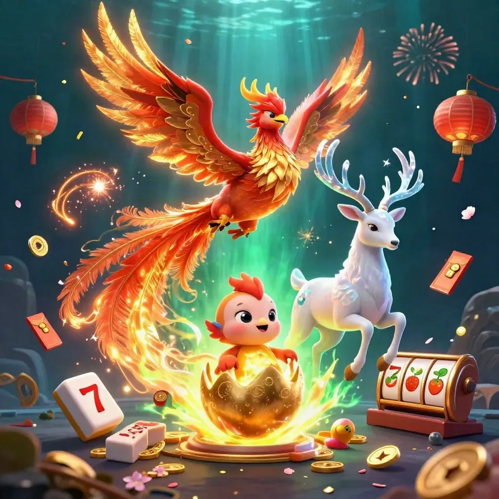 Phoenix, hatchling, and crystal stag amid casino reels, lanterns, coins, and fireworks.