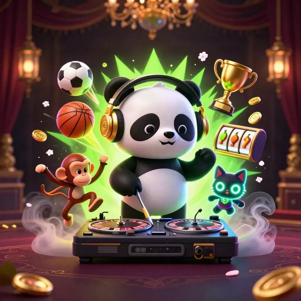 DJ panda, breakdancing monkey, and glow-stick kitten amid casino lights and flying sports balls.