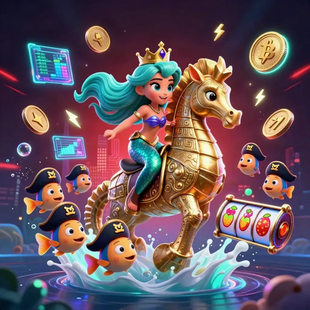 Mermaid princess riding a golden seahorse amid casino coins, pirate fish, lightning, and neon underwater glow