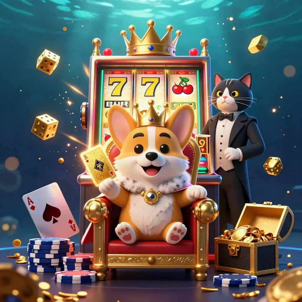 Royal corgi and cat butler amid exploding slot reels, chips, dice, and gold