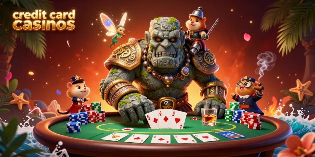 Experience the excitement at credit card casinos with this vibrant 3D illustration showcasing casino elements.