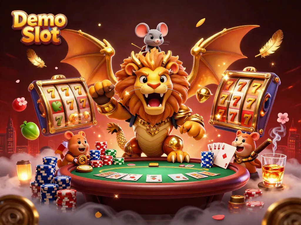 Spin the reels in an engaging Demo Slot scene with a mythical chimera and poker elements.
