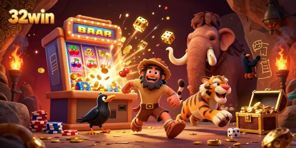 Experience vibrant gaming with 32win at a prehistoric casino featuring slot machines and golden treasures.