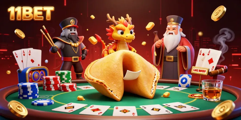 Engage with thrilling gaming dynamics at 11BET: a vibrant casino scene featuring mythic characters and poker elements.