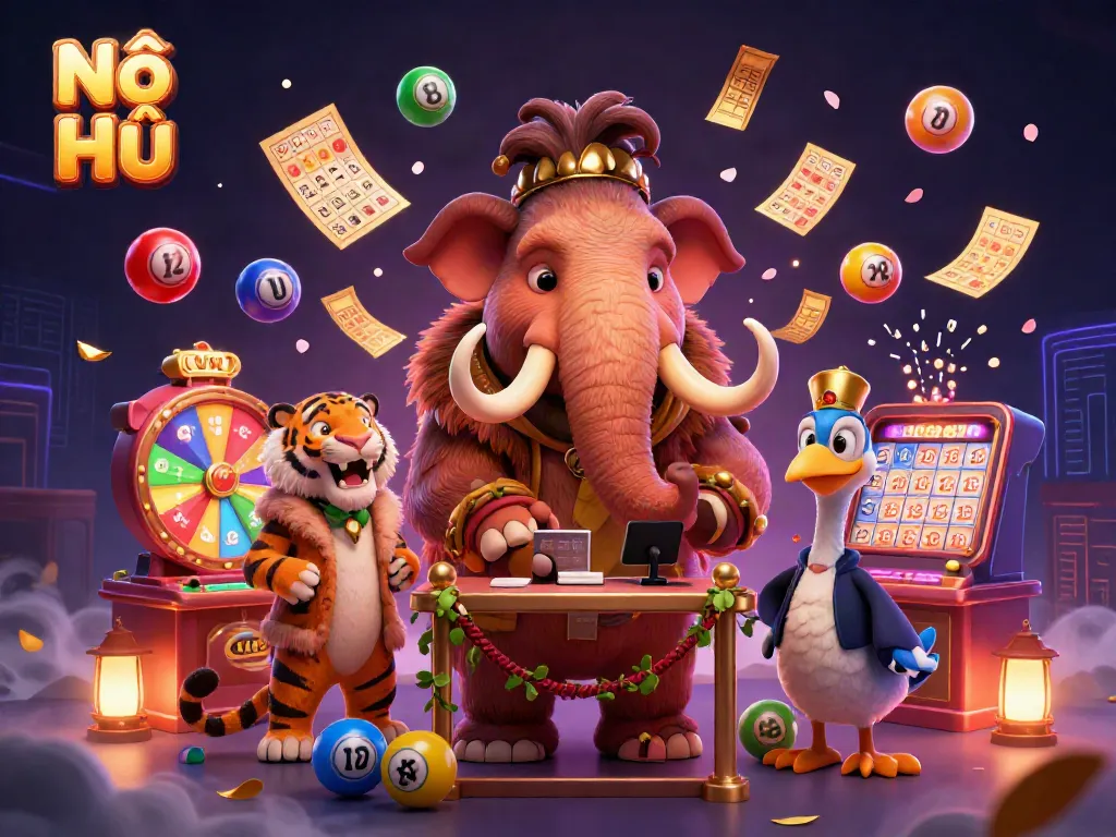 Nổ Hũ illustration featuring a woolly mammoth bouncer checking IDs, surrounded by vibrant lottery elements in a 3D casino.