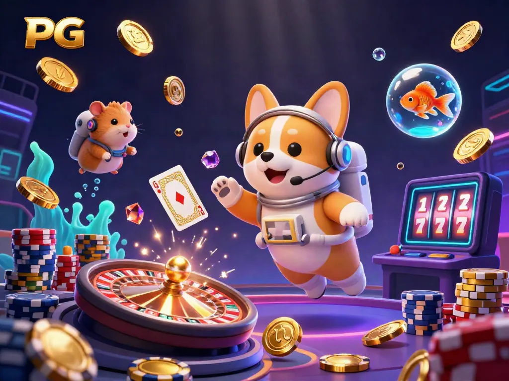 Engage with the thrilling world of PG Slot in this vibrant 3D casino illustration featuring floating characters and dynamic game elements.