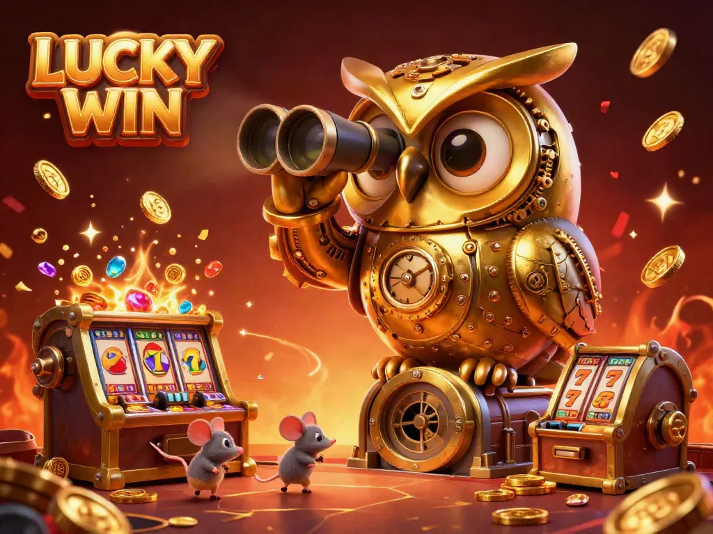 Experience the thrill of winning at LUCKY WIN with a 3D cartoon owl surveying a vibrant casino.