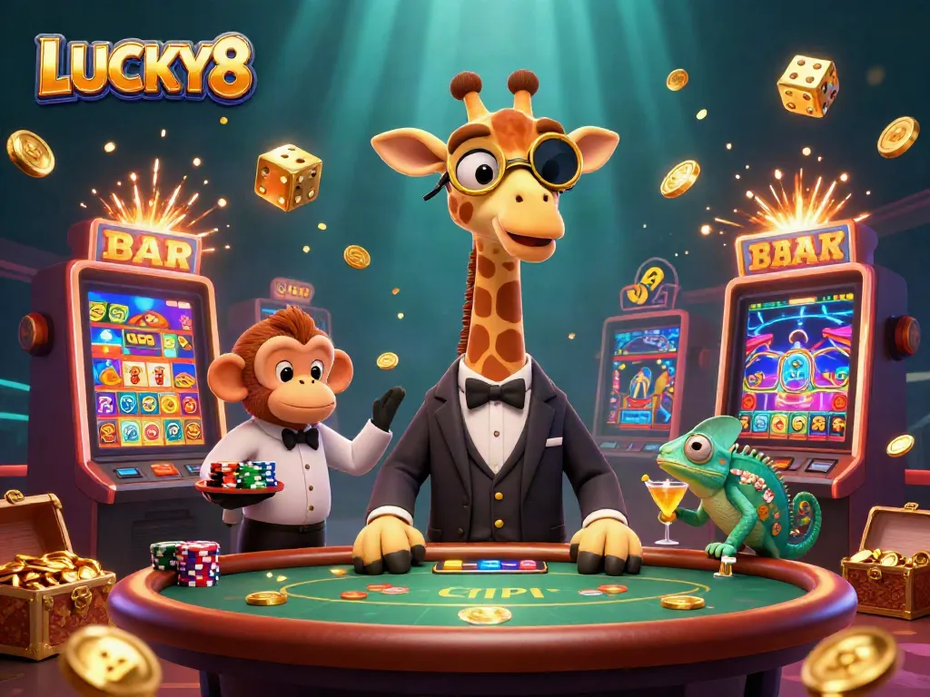 LUCKY8 high-roller giraffe enjoying a VIP poker scene with festive casino elements exploding around.
