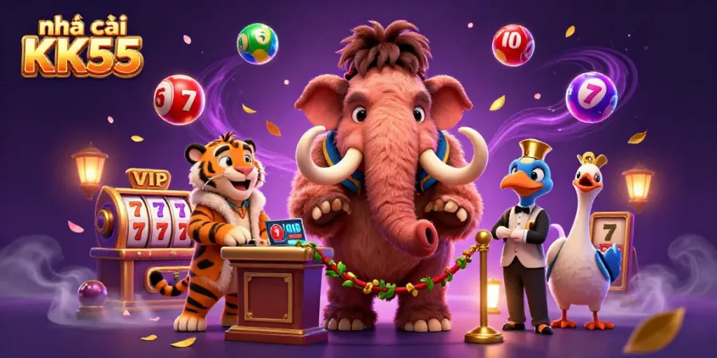 Experience excitement at nhà cái KK55 with whimsical 3D characters in a vibrant casino scene.