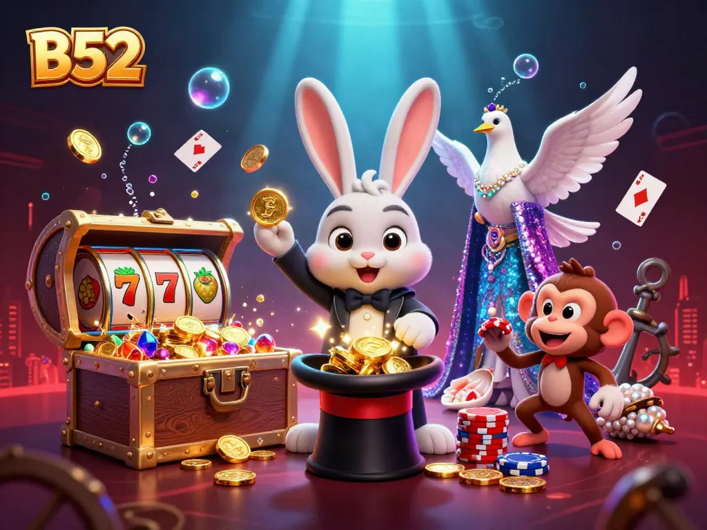 Experience the magic of B52 with a vibrant 3D casino scene featuring cards, poker chips, and a magician.