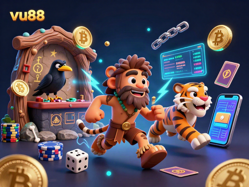 Bet on your winning strategies at vu88, featuring a vibrant prehistoric casino scene with characters and cryptocurrency elements.