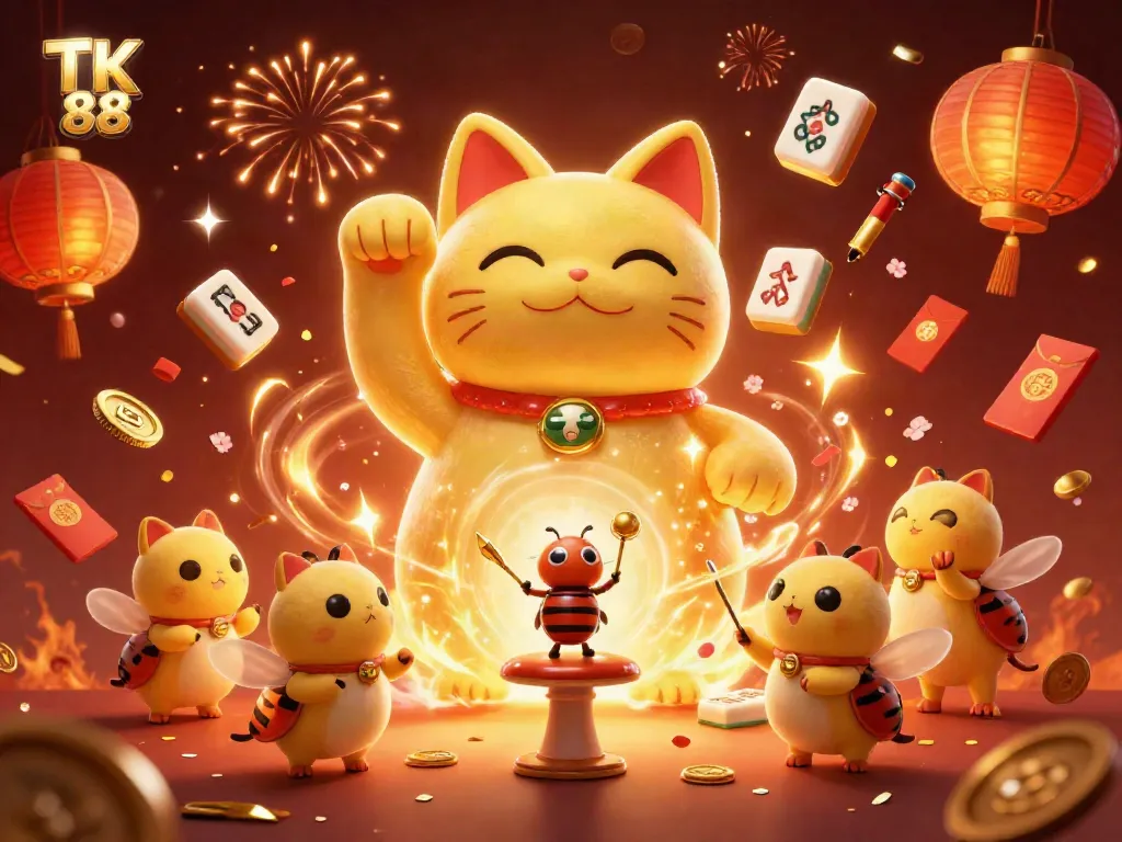 Players enjoying thrilling moments at TK 88 with a lucky cat symbolizing prosperity surrounded by festive elements.