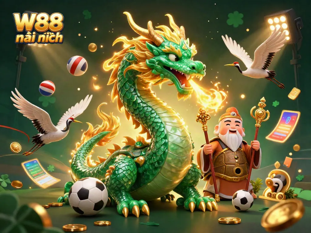 Experience the thrill of W88 mới nhất with a lively casino adventure featuring a jade dragon, turtle sage, and lucky cranes.