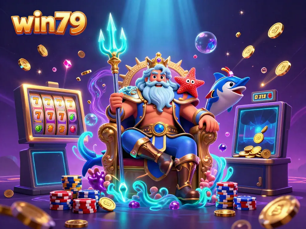 Win79's dynamic underwater casino scene featuring Neptune with treasures and slots for players to enjoy.