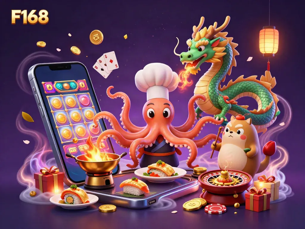 Engage with F168 - A vibrant scene featuring a sushi chef octopus and dragon amidst casino elements.