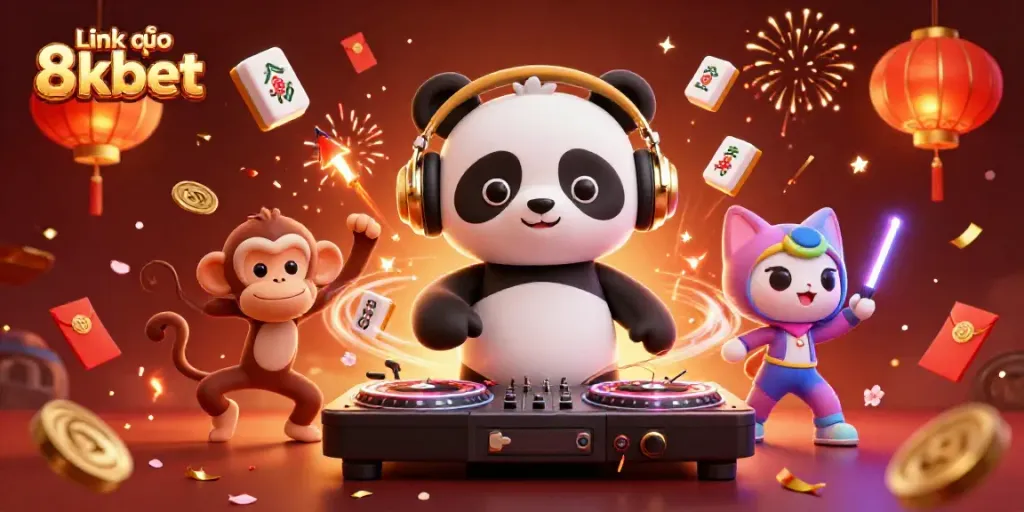 Experience the thrill of gambling with a vibrant 3D scene showcasing Link vào 8kbet with colorful characters and casino elements.