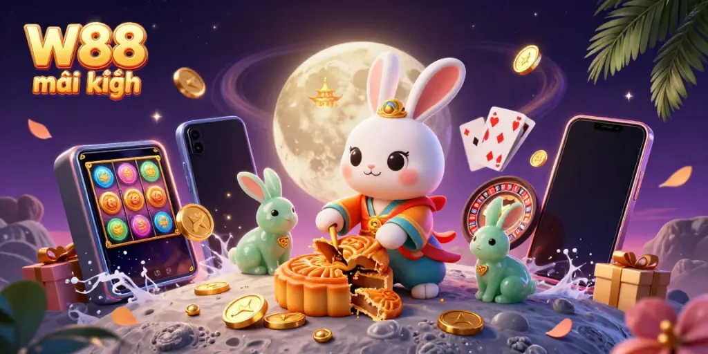 Experience exciting W88 mới nhất with a lively 3D illustration of moon rabbits and casino elements!
