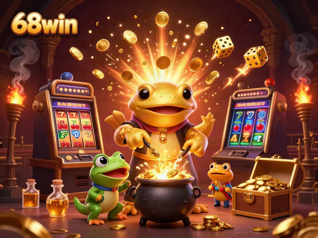 Experience exciting gameplay with 68win in this lively 3D scene of an alchemist and casino elements.