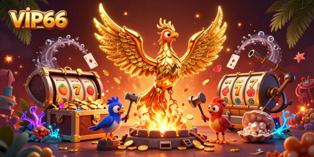Experience the excitement of VIP66 with a dynamic 3D scene featuring slots and a golden phoenix.