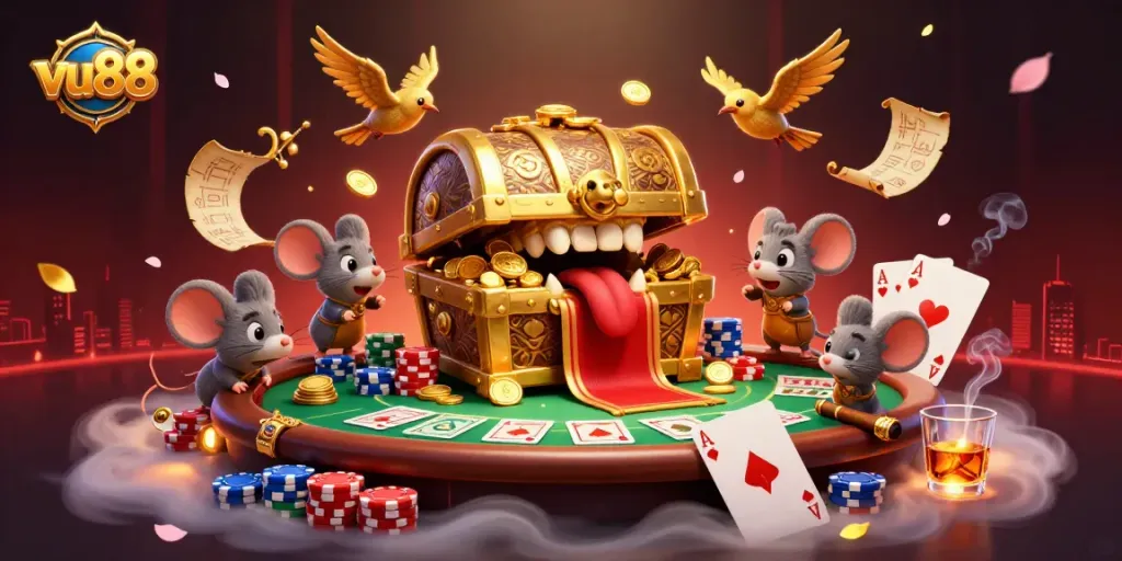 Experience thrilling betting action with vu88, featuring a treasure chest and poker elements in a vibrant casino scene.
