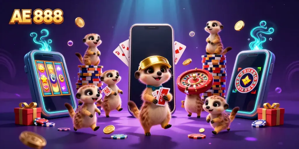 Engage with thrilling AE 888 casino action as meerkats manage games amidst a vibrant scene of slots and cards.